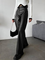 PU Leather Buttons High-waisted Straight-leg Pants Pants