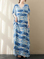 Printed V-Neck Cotton Short Sleeves Kaftan Dress