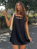 Lace Trim Square Neck Tie Satin Mini&Short Dresses