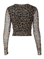 Leopard Print Mesh U-neck Long-sleeved T-shirt