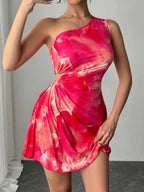Printed One-shoulder Asymmetrical Neckline Waist-cinching Pleats Mini&Short Dresses