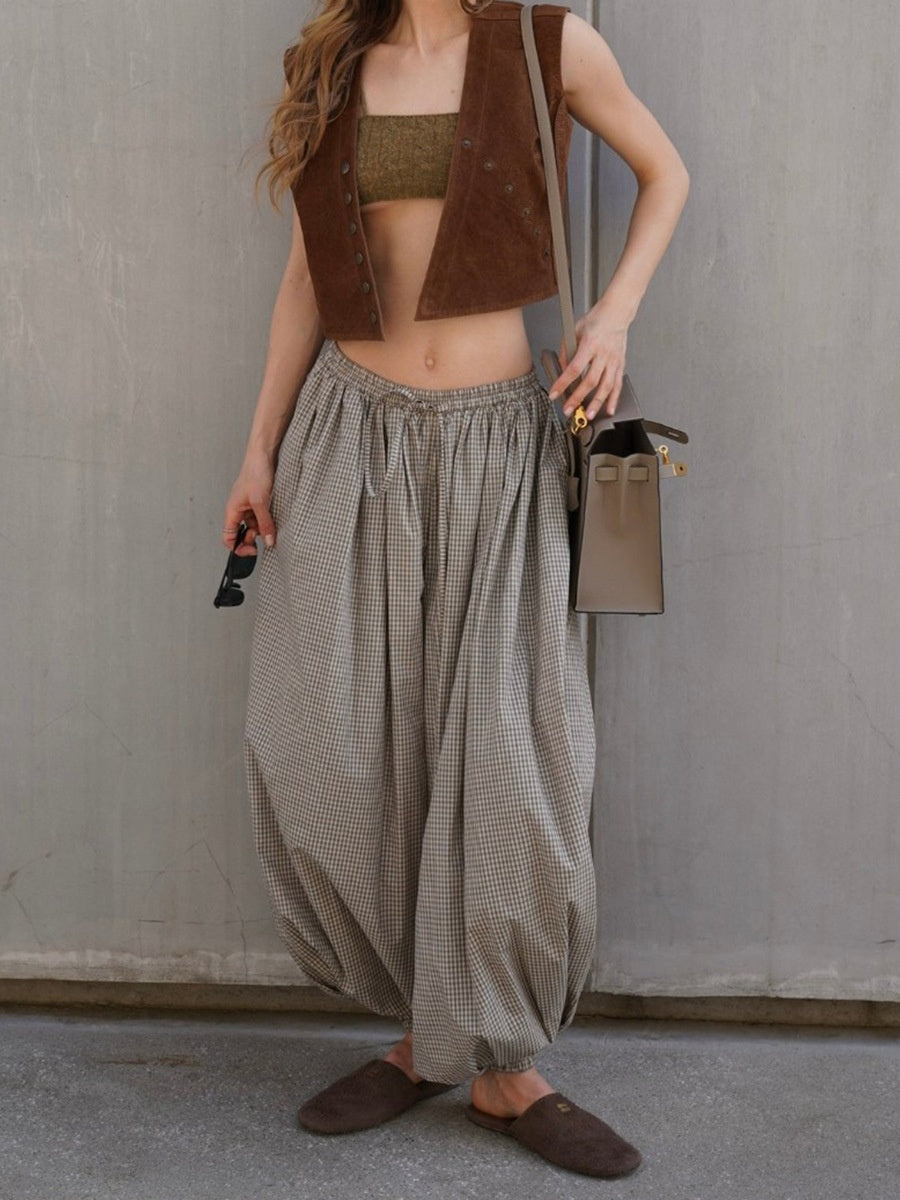 Cotton Blend Lantern Pants Plaid Breathable Leisure Pants
