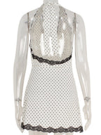 Polka Dots V-neck With Lace Trim Halter Neck And Backless Mini&Short Dresses
