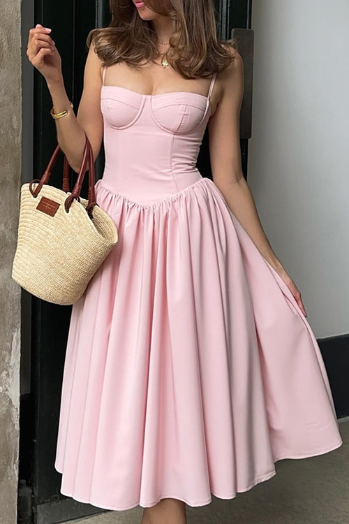 Corset Bustier Spaghetti Strap Basque Waist Gathered Full Midi Dress