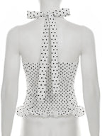 Polka Dots Wavy Lace Chest Pleats Neck Strap Tank Tops&Camis