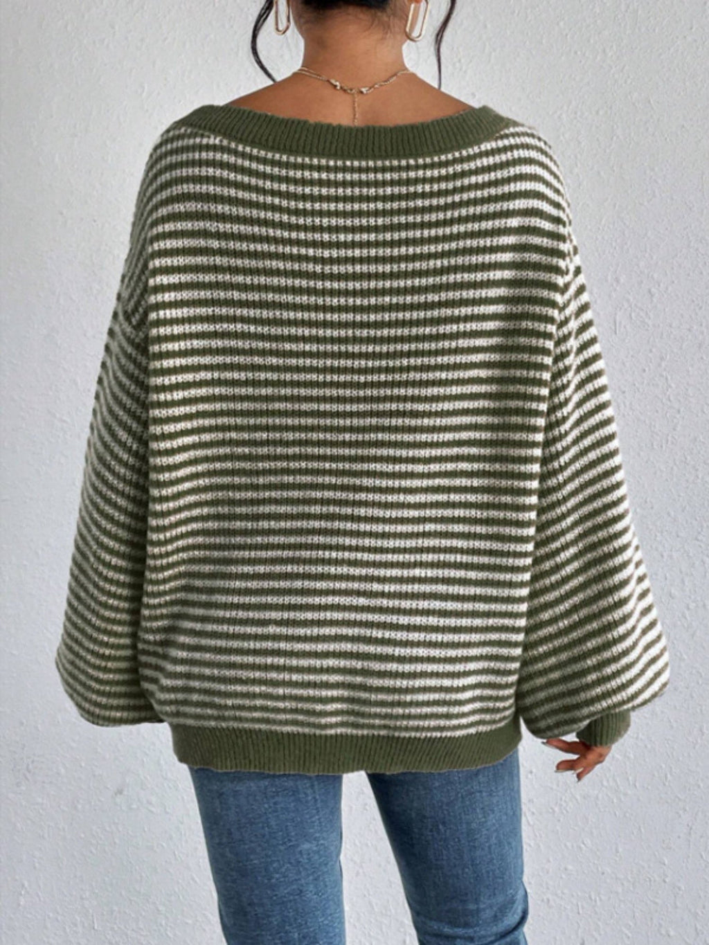 Stripes Off-the-shoulder Neckline Color Matching Knitted Sweater