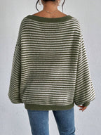 Stripes Off-the-shoulder Neckline Color Matching Knitted Sweater