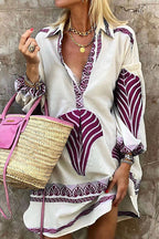 Embroidered V-Neck Balloon Sleeve Oversized Mini Dress