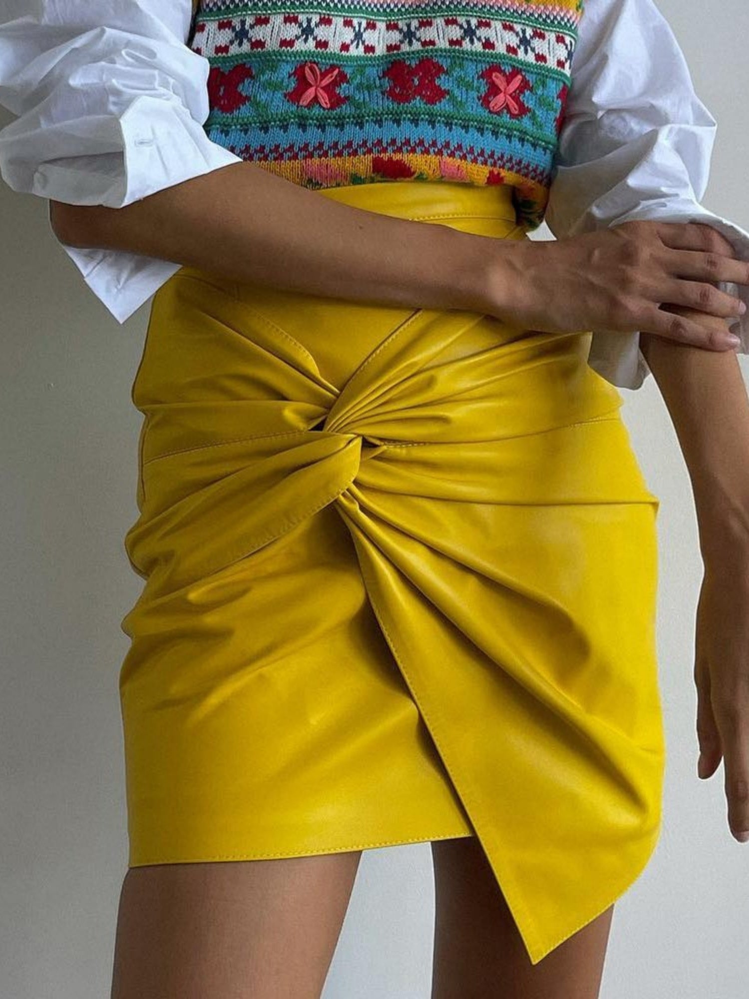 PU Leather Pleated High-waisted Knot Hip Wrap Skirts