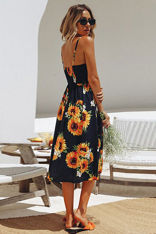 Sunflower Print Spaghetti Strap Button Front Fit and Flare Midi Dress