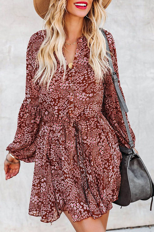 Floral Print V-Neck Button-Front Drawstring Waist Ruffle Hem Mini Dress