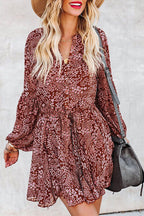 Floral Print V-Neck Button-Front Drawstring Waist Ruffle Hem Mini Dress
