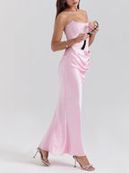 Satin Belted Strapless Off-the-shoulder Fishbone Pleated Long Bodycon Dress