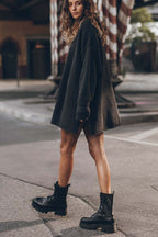 Waffle Knit Crew Neck Long Sleeve Side Slit Sweater Mini Dress