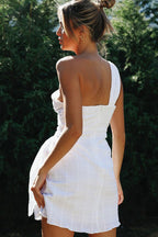 One Shoulder Pleated Bodice Tie Waist Wrap Skirt Gauze Mini Dress