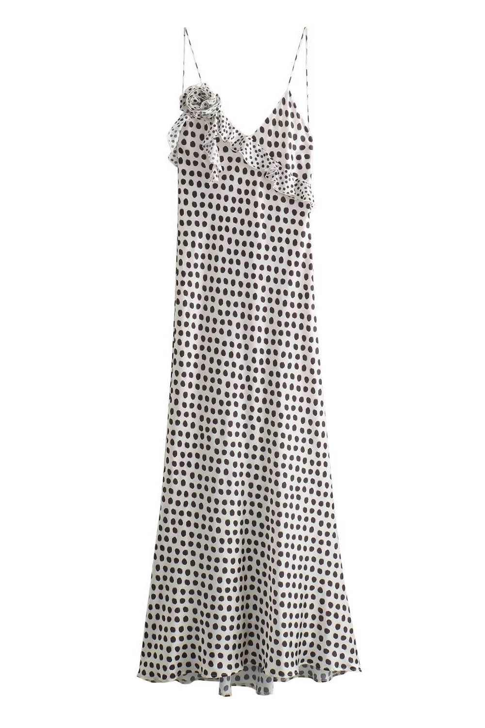 Julia Minimalist Imaginative, Dotted, Ruffled Guipure Lace Strap Maxi Dress Chic Silhouette Collection
