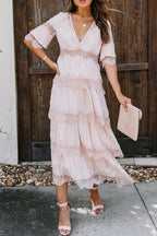 Deep V Neck Lace Trim Tiered Layered Ruffle Midi Dress