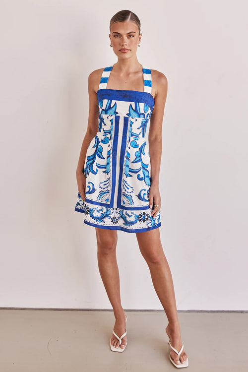 Ornamental Print Square Neck Wide Strap A-Line Mini Dress