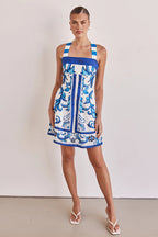 Ornamental Print Square Neck Wide Strap A-Line Mini Dress
