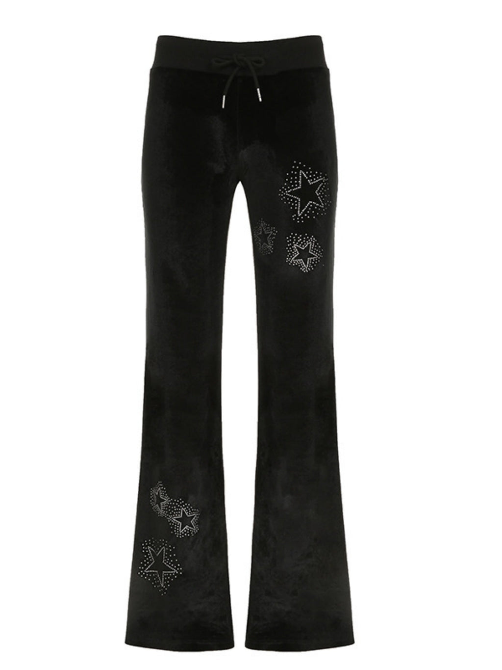 Star Rhinestones Ribbed Waistband Drawstring Low Waist Velvet Flared Pants