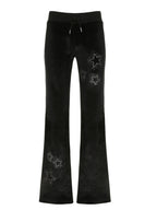 Star Rhinestones Ribbed Waistband Drawstring Low Waist Velvet Flared Pants