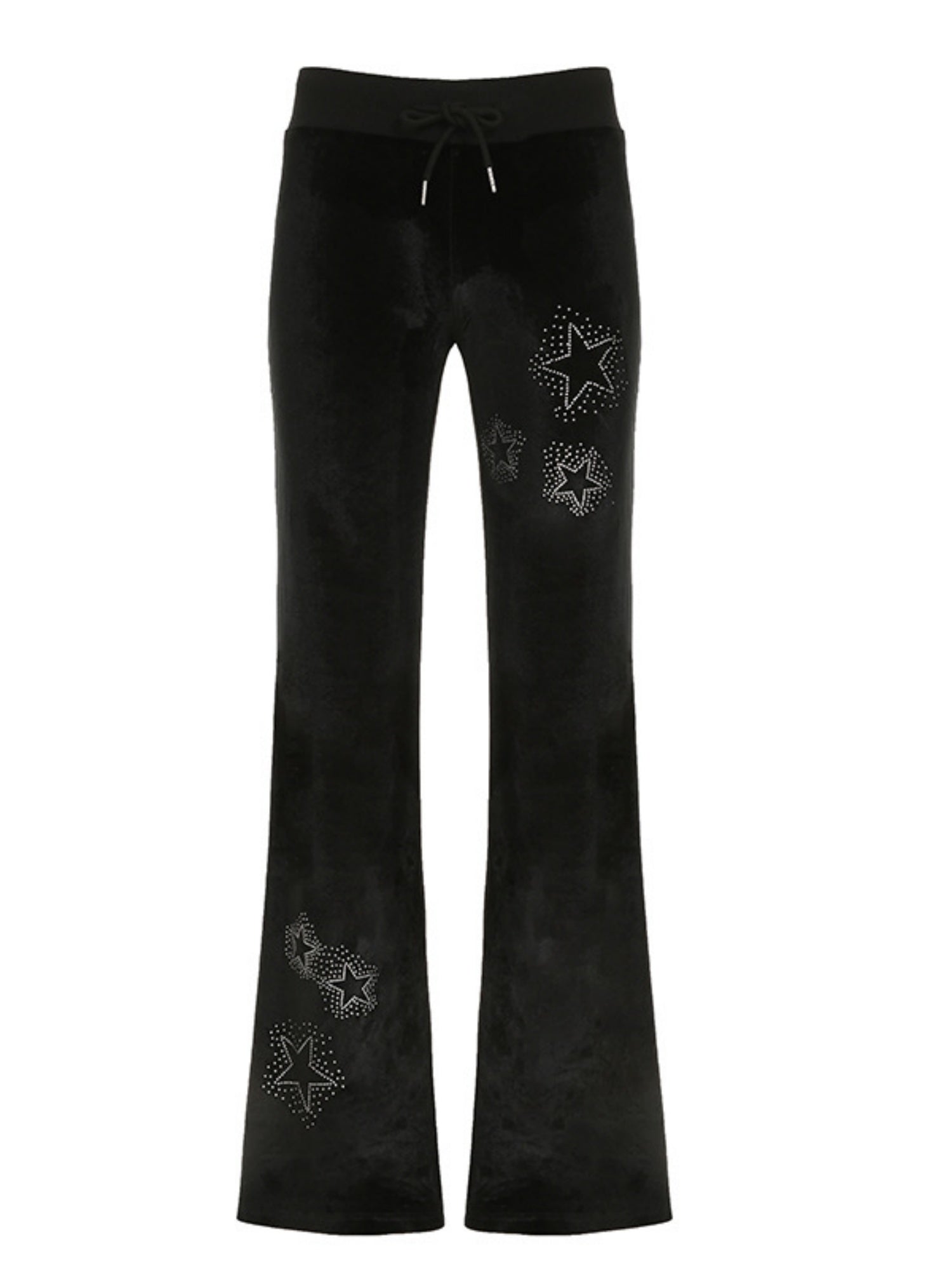 Star Rhinestones Ribbed Waistband Drawstring Low Waist Velvet Flared Pants