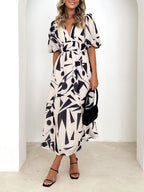Deep V Neck Puff Sleeve Abstract Geo Print Wrap Midi Dress