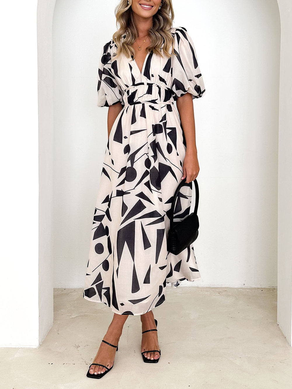 Deep V Neck Puff Sleeve Abstract Geo Print Wrap Midi Dress