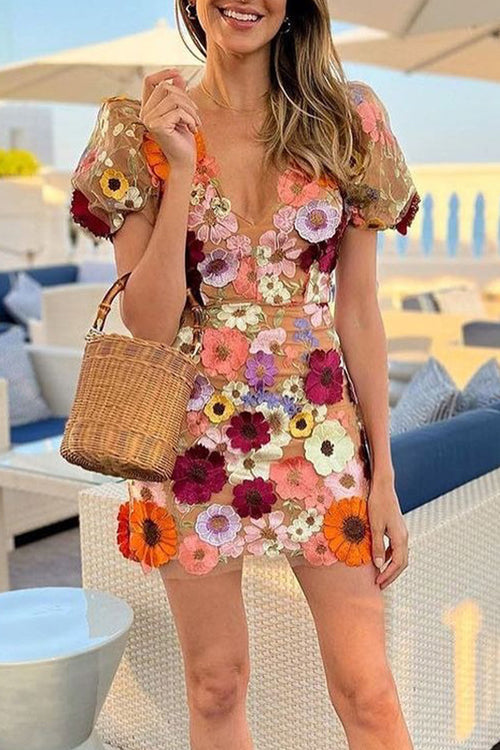 3D Floral Applique Puff Sleeve V Neck Sheer Mesh Mini Dress