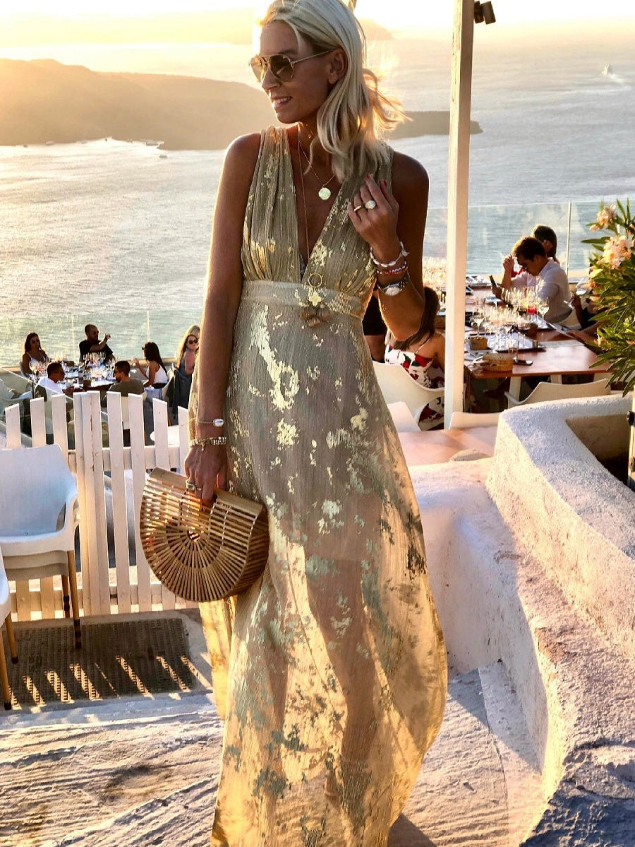 Printed Gathering Hot Stamping V-neck Sexy Maxi Dresses