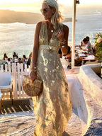 Printed Gathering Hot Stamping V-neck Sexy Maxi Dresses