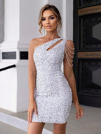 One Shoulder Sequins Chain Waist Shaping One-shoulder Sleeveless Mini&Short Dresses