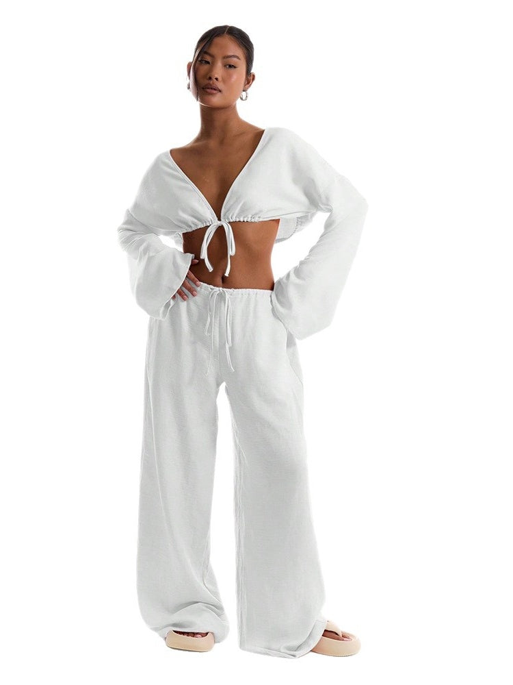 Solid Color Loose-fitting Drawstring Trousers