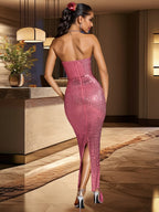 Strapless Rhinestone Hip-hugging Mesh Sequins Dinner Cocktail Maxi Dress