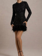 Sequins Feather Trim Mini Dresses