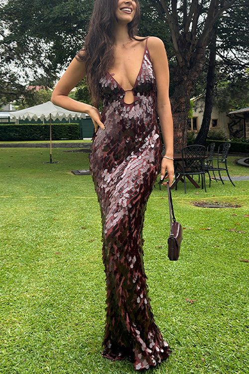 V Neck Cut Out Sequin Bodycon Maxi Cami Party Dress