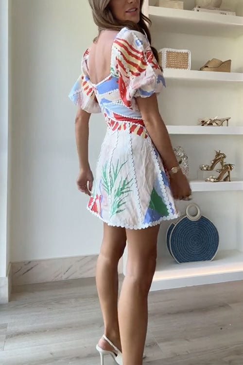 V Neck Puff Sleeves Ric Rac Trim Printed Mini Dress
