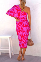 One Shoulder Batwing Sleeve Printed Tulip Dress