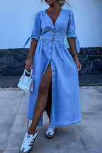 Denim Deep V-Neck Puff Sleeve Button Front Split Midi Dress