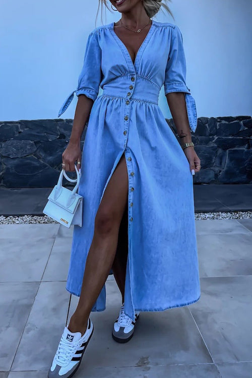 Denim Deep V-Neck Puff Sleeve Button Front Split Midi Dress