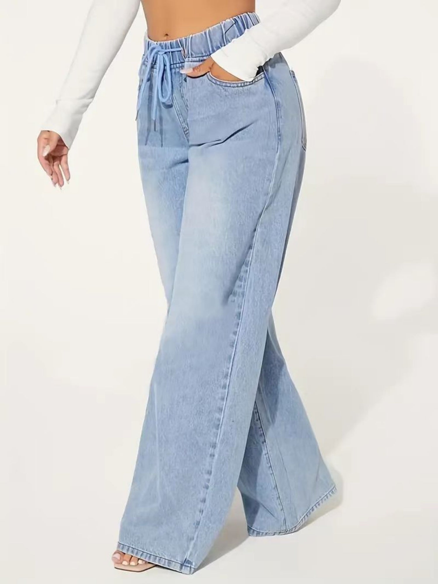 High-waisted Drawstring Loose Wide-leg Jeans
