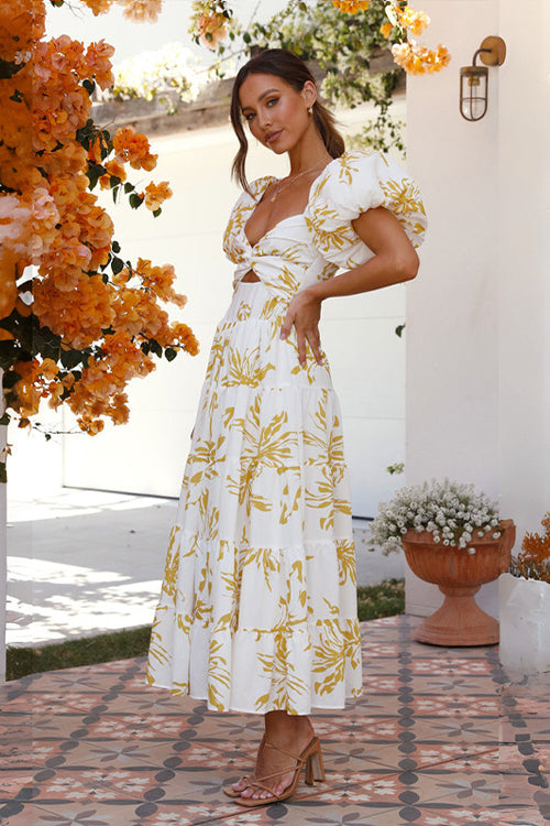 Off Shoulder Twist Front Cut Out Puff Sleeve Tiered Floral Maxi Dress