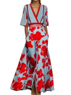 Pattern Printed Temperament V-neck Lace Up Large Skirt Maxi Dresses
