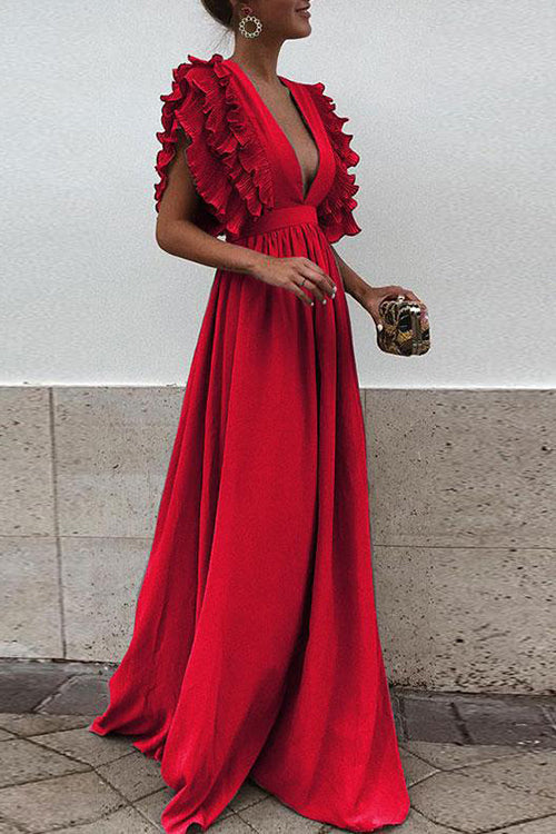 Deep V-Neck Tiered Ruffle Flutter Sleeve Gathered Maxi Gown