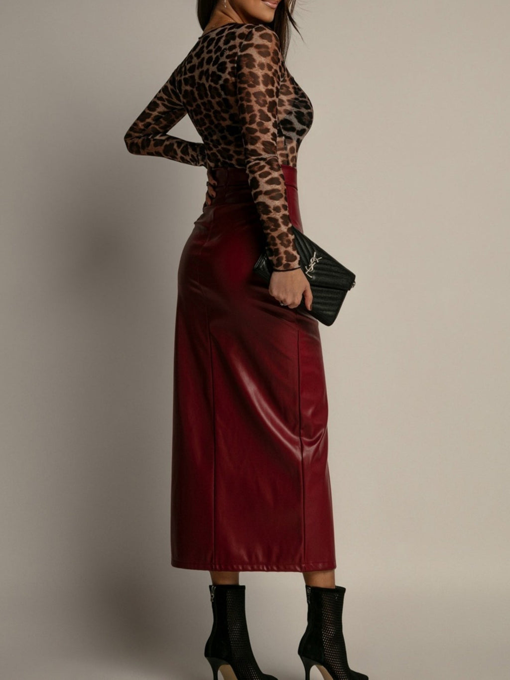 PU Leather High-waisted Side Slit Longline Skirts