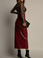 PU Leather High-waisted Side Slit Longline Skirts