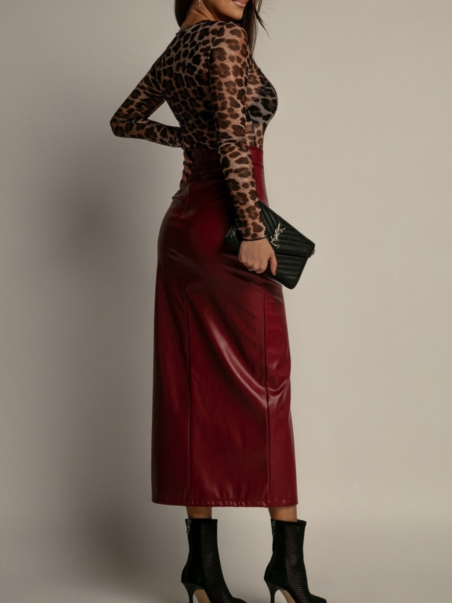 PU Leather High-waisted Side Slit Longline Skirts