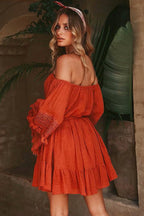 Off-the-Shoulder Bell Sleeve Eyelet Lace Fringe Trim Tie Waist Wrap Mini Dress