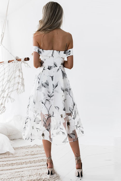 Floral Print Off Shoulder Organza Overlay Fit and Flare Midi Dress