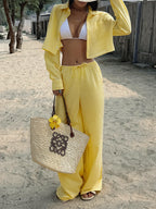 Yellow Casual Long-sleeved Button-down Shirt And Trousers Two-piece Set